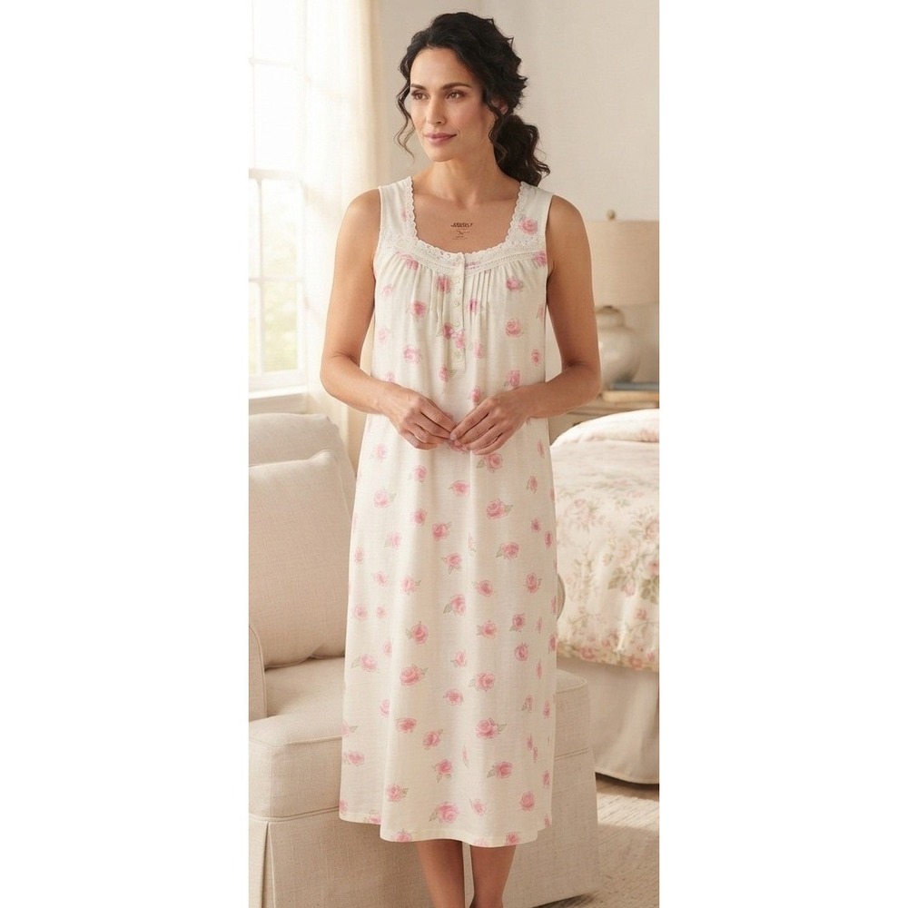 Celestial Dreams Vintage Floral Lace Trim Sleeveless Nightgown XL Cottagecore